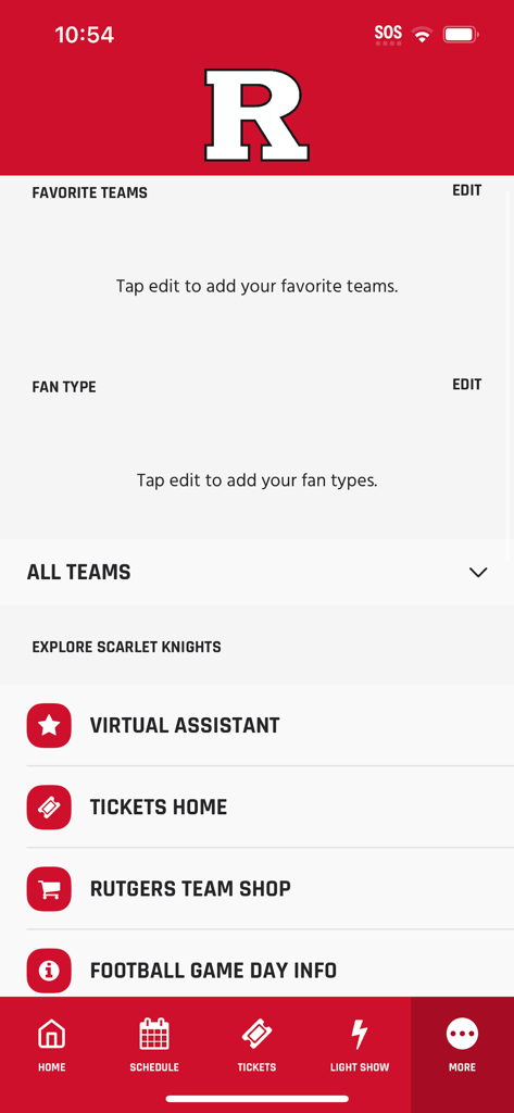Screenshot of the more menu in the Scarlet Knights app showing links to tickets and the team shop