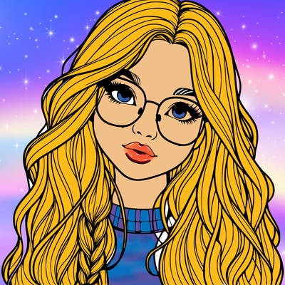 girl with long hair and freckles and glasses realistic