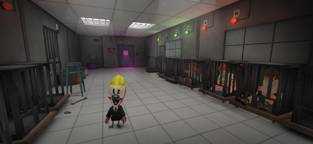 Ice Scream 4: Rods Factory - 미니 로드 캐릭터가 공장 방에 서 있고 아이들이 우리에 갇혀 있음