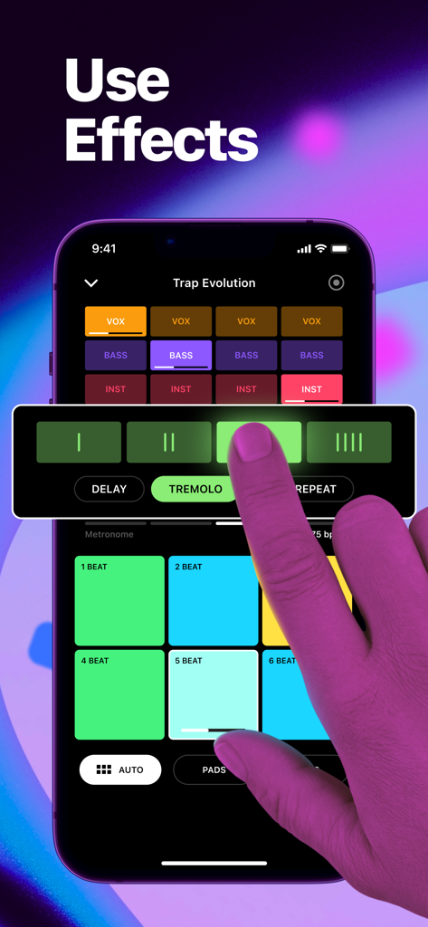 Drum Pad FX - Beat Maker & DJ - Ein Benutzer wendet Tremolo-Effekte in der Drum Pad FX Beat Maker App-Oberfläche an