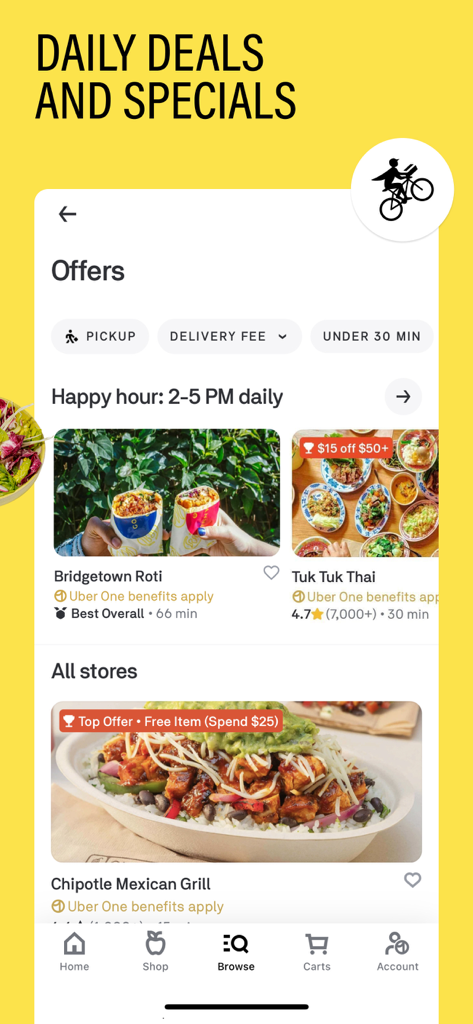 A mobile screenshot of the Postmates app showing daily deals and special restaurant offers
