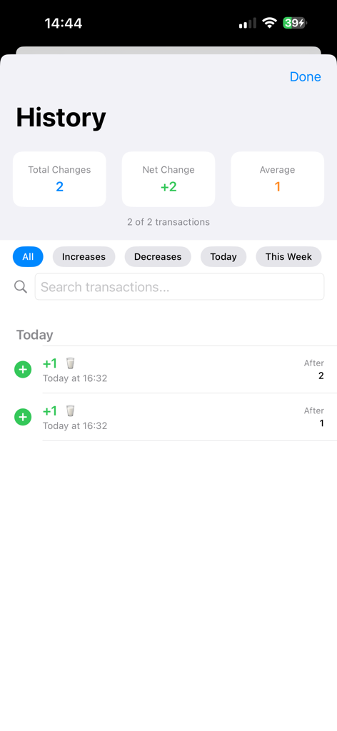 Counter : Count Everything - Tela de histórico do aplicativo Counter mostrando estatísticas resumidas e uma lista de entradas rastreadas com emojis