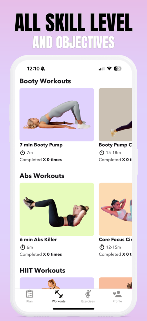 Lose Belly Fat Workout At Home - Mobile app screen showing various workout categories like abs booty and hiit for women of all skill levels.