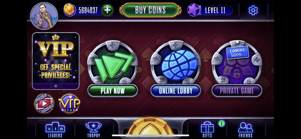 Spades Tournament online game - Main menu of the Spades Tournament online game showing options for Play Now and Online Lobby.