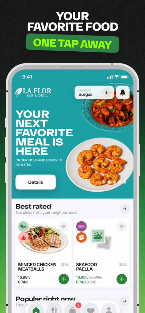 Die Startseite der La Flor Bar and Grill Mobil-App mit einer übersichtlichen Oberfläche mit Speisekarte und einer Standortauswahl für Burgas.