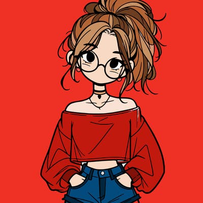 girl with a messy ponytail glasses a baggy crop top and jean shorts