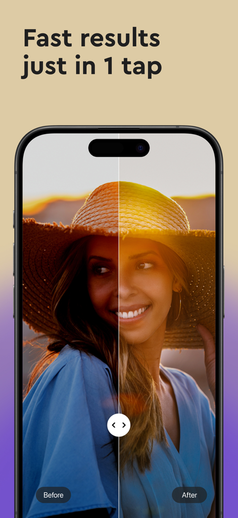 AfterShot - AI photo editor - Before and after photo comparison showing AI enhancement in AfterShot app