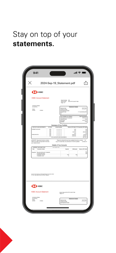 HSBC Sri Lanka - Aplicación móvil de HSBC Sri Lanka mostrando un extracto de cuenta en PDF en un smartphone.