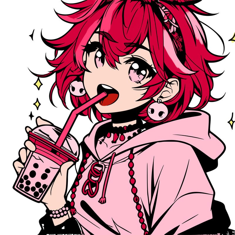 hot baddie anime girl drinking boba and biting the straw