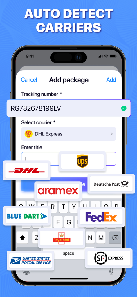 Package & Delivery Tracker - Schermata dell'app mobile che mostra il rilevamento automatico di vari corrieri globali per il tracciamento dei pacchi.