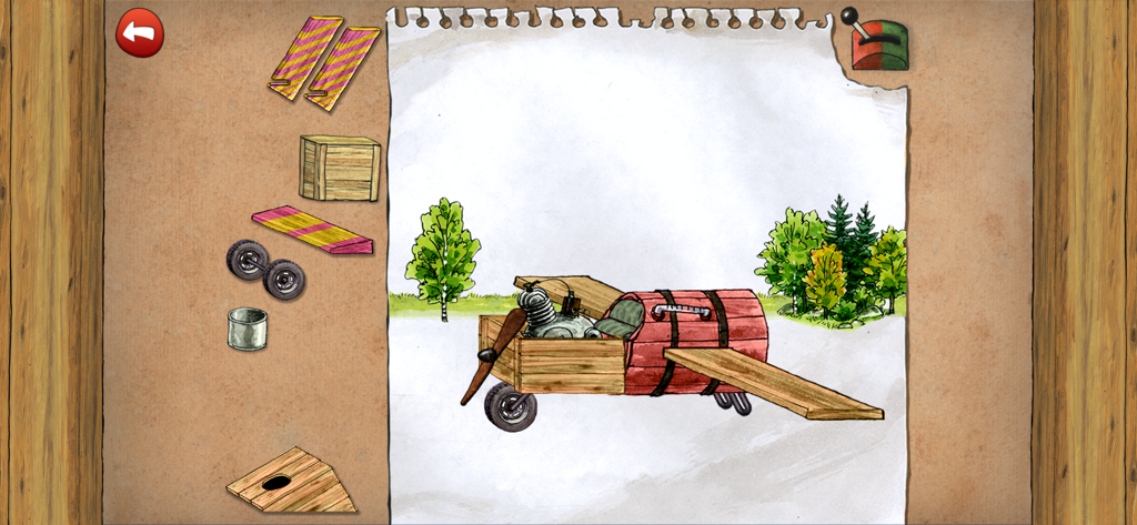 Pettson's Inventions 2 - A wooden airplane puzzle being assembled in the Pettsons Inventions 2 app