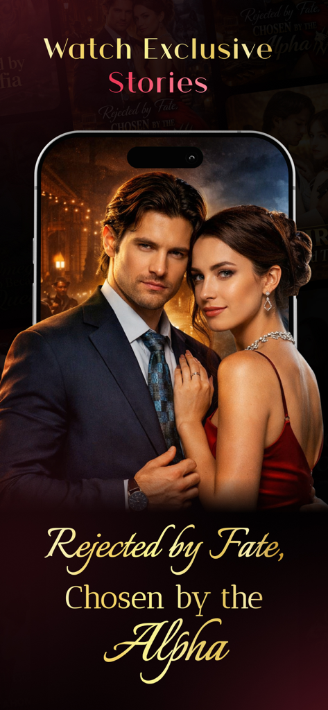 DramaShorts - Short Drama Hub - Um casal romântico em uma tela de celular promovendo um drama curto intitulado Rejeitado pelo Destino Escolhido pelo Alfa.