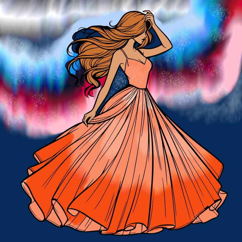 realistic woman with dress flowing in the wind