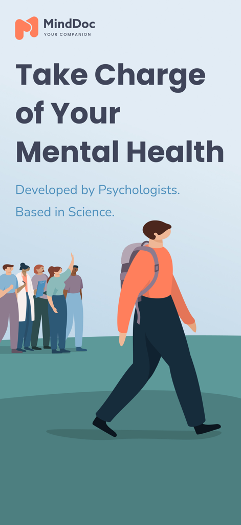 MindDoc app welcome screen featuring the headline Take Charge of Your Mental Health and an illustration of a person walking.