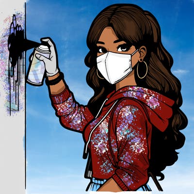 realistic girl with mask spray painting a wall