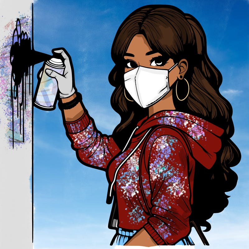 realistic girl with mask spray painting a wall