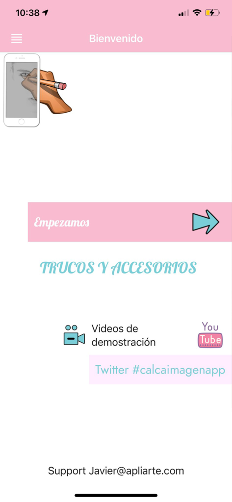 Calca app - Welcome screen of the Calca app featuring a start button and drawing tutorial links