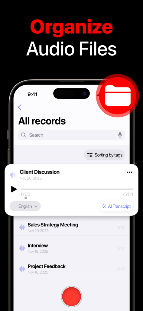 Voice Recorder - Voice Memosㅤ - Voice Recorder app interface showing a list of organized audio memos with AI transcription and sorting options.