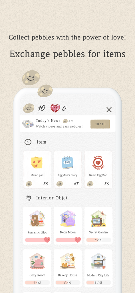 SumOne app shop interface where users exchange pebbles for decorative items and room themes