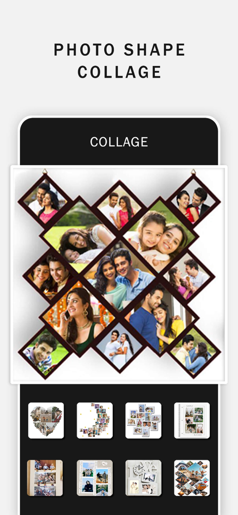 Photo Shape Collage Maker. - A mobile app interface displaying a diamond shaped photo collage and various creative layout templates like hearts and crosses.