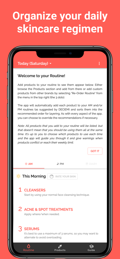 Mobile app interface for organizing a daily skincare routine with morning layering steps