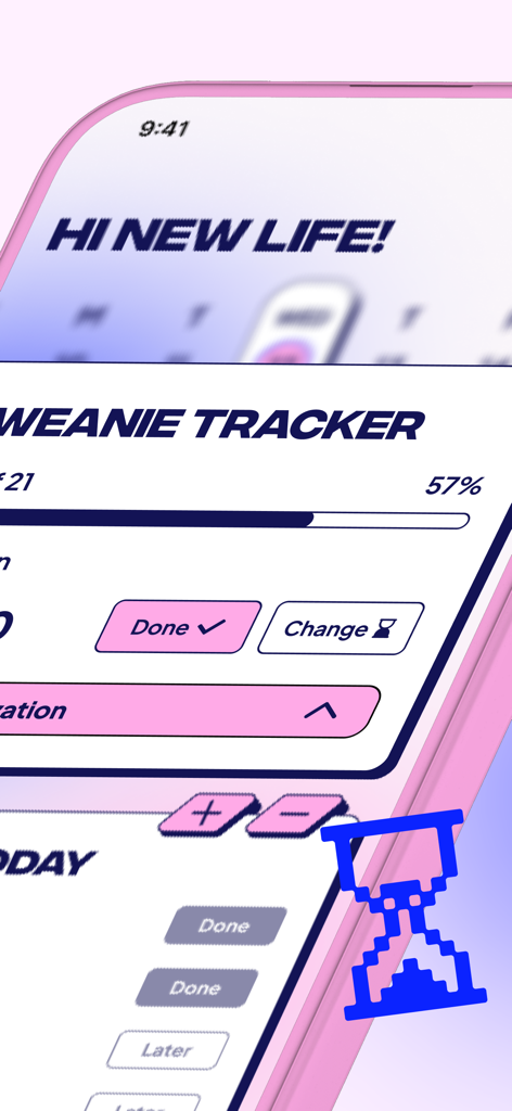 Weanie - Quit Smoking Tracker - Interface of Weanie Quit Smoking Tracker app showing a 57 percent progress bar and daily tracking buttons