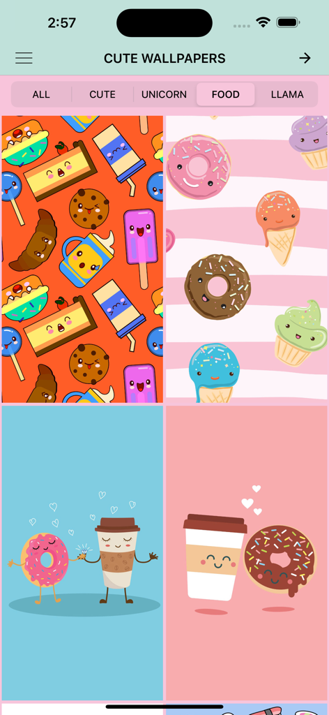 Cute Wallpapers Background - Mobile app screen displaying a gallery of kawaii food wallpapers including donuts and coffee cups with cute faces