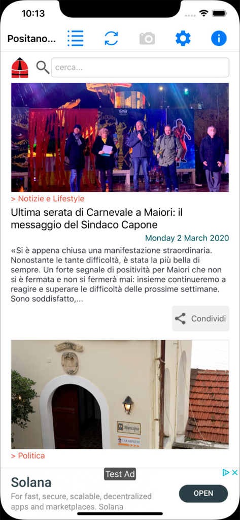 Positano Notizie mobile app showing a news feed with local stories from the Amalfi Coast
