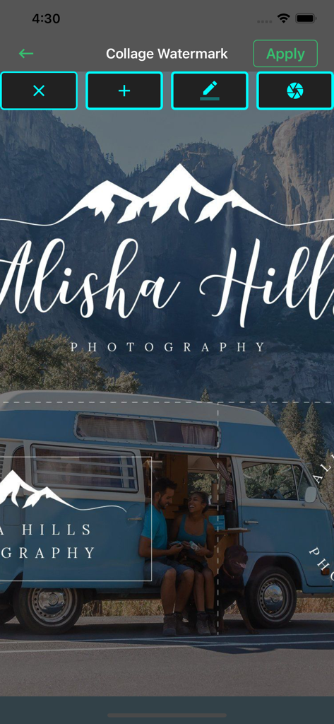 Easy Watermark:Add to Pic,Movi - Mobile app interface showing a collage watermark feature with a photography logo over photos of a mountain and a van