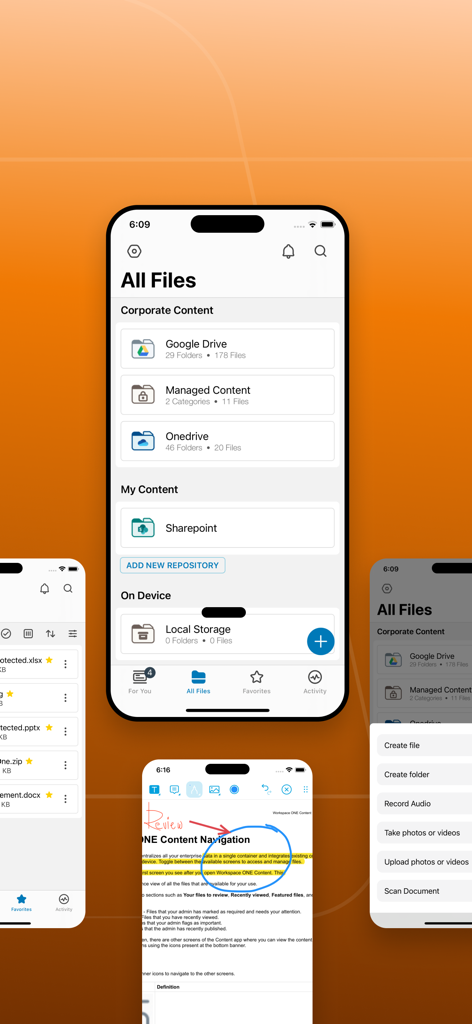 Content - Workspace ONE - 안전한 기업 파일 관리 및 문서 주석 기능을 보여주는 Workspace ONE 콘텐츠 앱 인터페이스.
