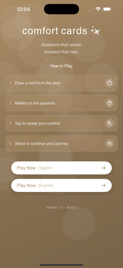 Tela de introdução do aplicativo Comfort Cards mostrando instruções passo a passo sobre como jogar e opções de idioma para Taglish e Inglês.