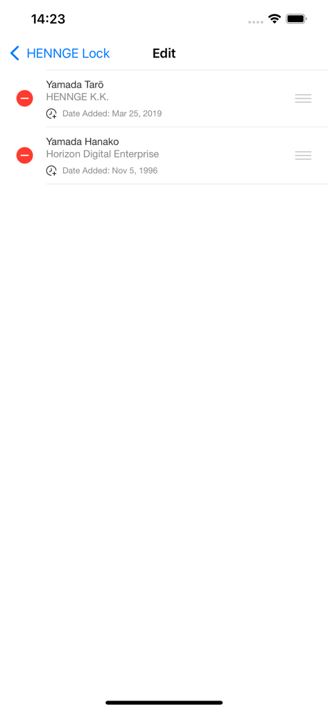 HENNGE Lockアプリのインターフェースに、ユーザーアカウントとデジタル資格情報を管理するための編集画面が表示されている画面