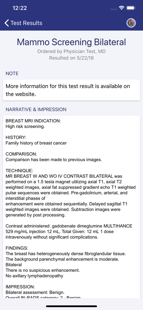 A screenshot of the myPennMedicine mobile app displaying detailed mammogram screening test results including findings and narrative impression.