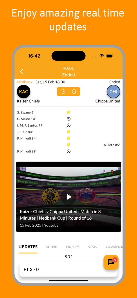 Chiefs Live — for Amakhosi fan - La aplicación Chiefs Live mostrando actualizaciones de partidos en tiempo real y marcadores de fútbol
