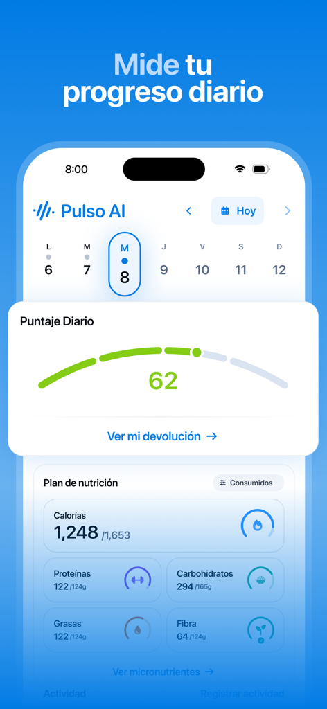 Pulso AI app interface showing daily health score and nutritional progress tracking