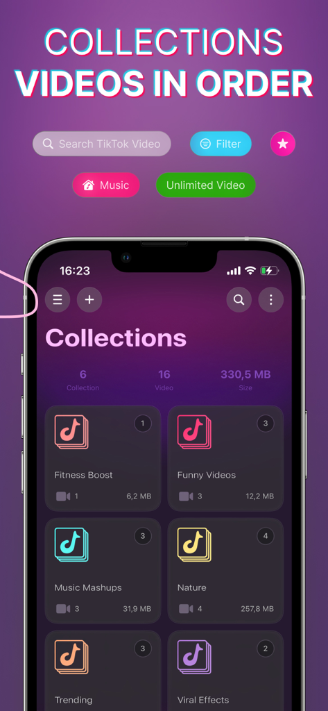SnapTik • SaveInsta • SnapTube - A mobile app interface displaying a collections screen for organized video folders like fitness and trending content