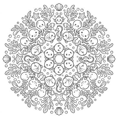 Immerse yourself in an adorable underwater world with this captivating Kawaii Kaleidoscope Fish coloring page. Featuring a stunning radial design filled with cute sea creatures, it promises hours of creative fun.