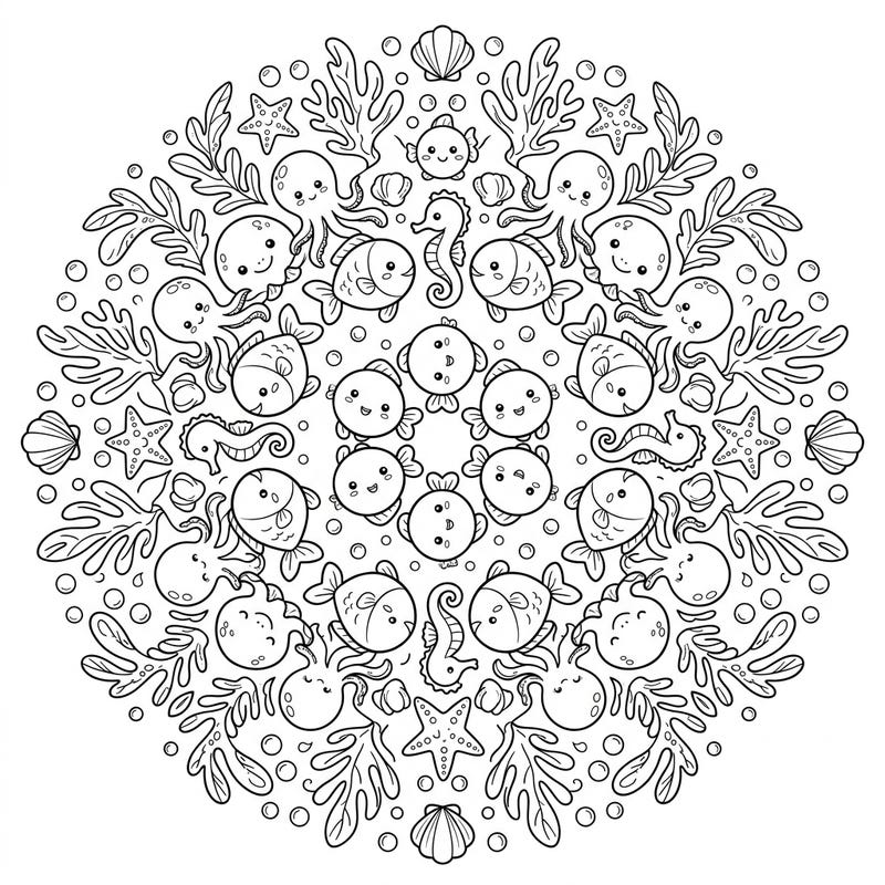 Immerse yourself in an adorable underwater world with this captivating Kawaii Kaleidoscope Fish coloring page. Featuring a stunning radial design filled with cute sea creatures, it promises hours of creative fun.