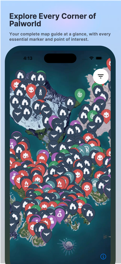 PalMap: Find and Explore Pals - An interactive map of Palworld on a mobile screen displaying numerous markers for resources, dungeons, and points of interest.