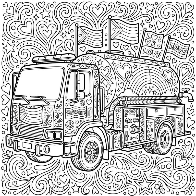 Dive into a world of vibrant expression with this unique Pride Water Tender coloring page, celebrating love and diversity. Adorned with rainbows, hearts, and empowering messages, it's an uplifting artistic journey for all ages.