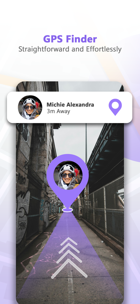 Track location: Findmyfriends - A smartphone interface showing a GPS finder tracking a friend named Michie Alexandra with a real-time distance and visual path.