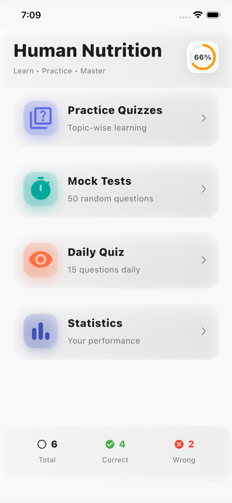 Haupt-Dashboard der Human Nutrition Health Quiz App, das Übungsoptionen und Leistungsstatistiken anzeigt