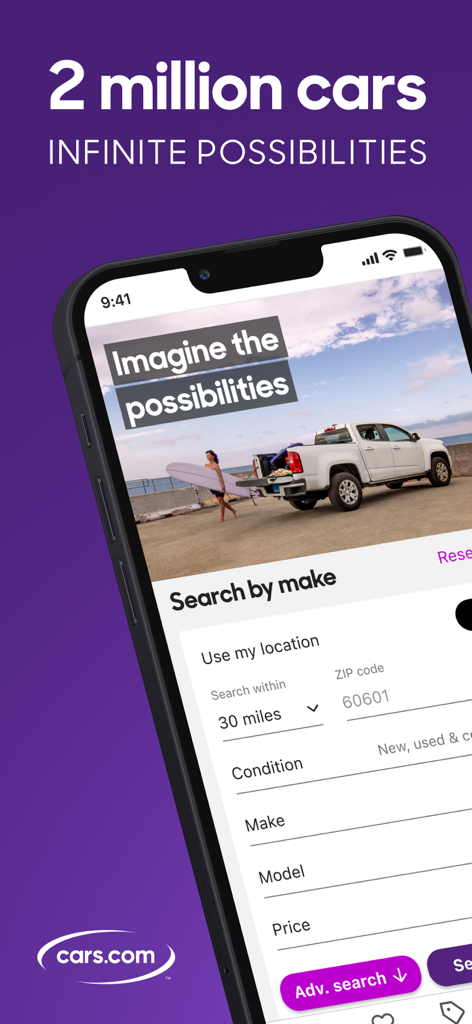 Cars.com mobile app interface showing car search filters by make and location