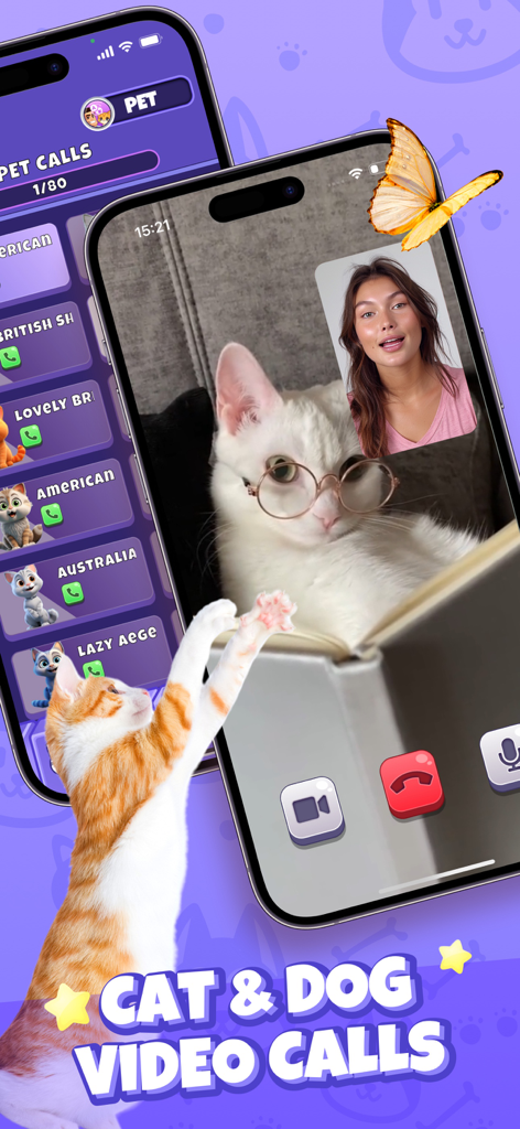 Cat Emotions: Sounds to Pet - Smartphone-Bildschirm, der einen simulierten Videoanruf zwischen einer jungen Frau und einer weißen Katze mit Brille zeigt