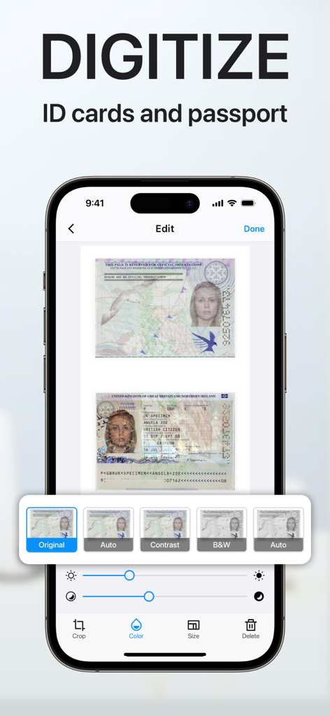 A mobile app interface on an iPhone showing a scanned passport and ID cards with digital editing tools and filters.