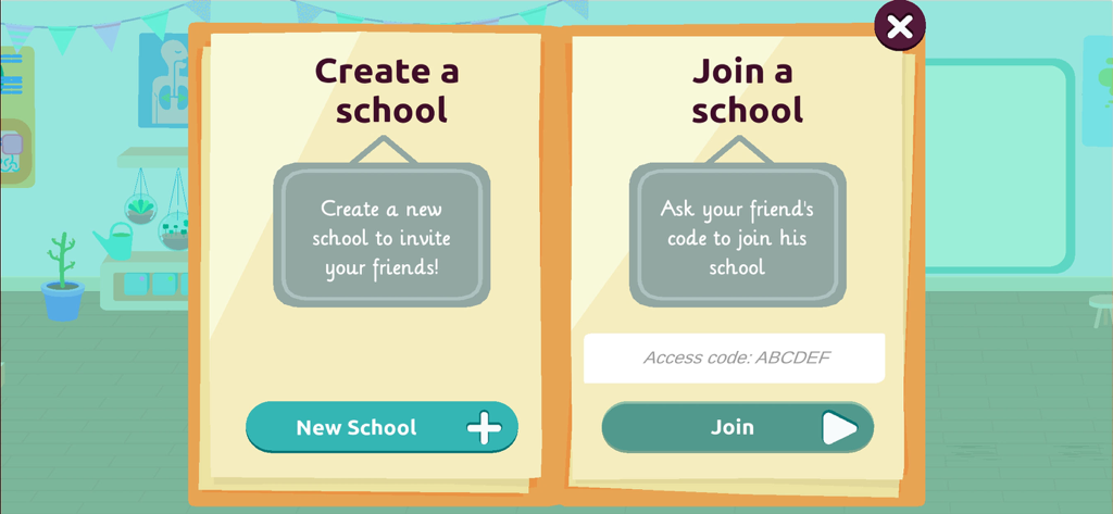 MySchool - You’re the teacher - MySchool 앱 인터페이스로, 새로운 학교를 만들거나 액세스 코드로 친구 학교에 참여하는 옵션을 보여줍니다.