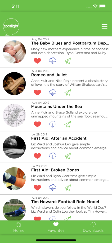 Radio English - Official App - Radio Englishアプリのホーム画面。英語学習者向けの教育的プログラムのリストが表示されている。