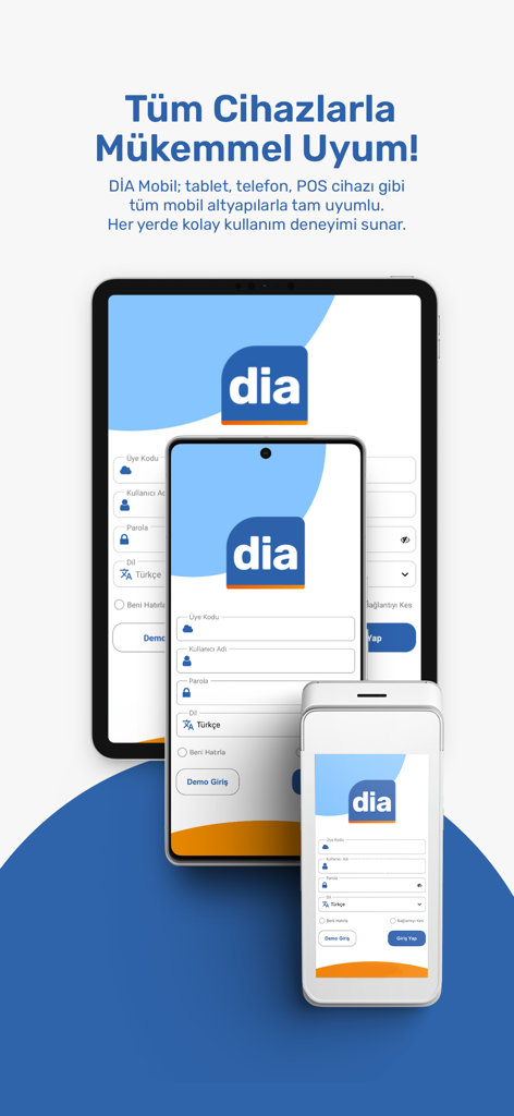 DIA Mobil app interface displayed on tablet smartphone and handheld POS device