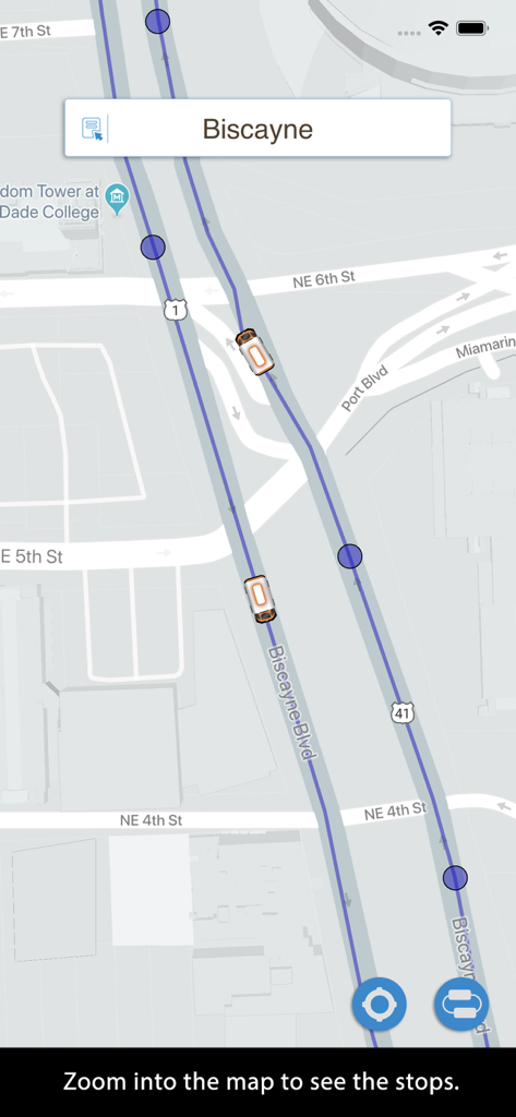 Miami Trolleys - Real time tracking of Miami Trolleys on the Biscayne route showing vehicle positions and stops.