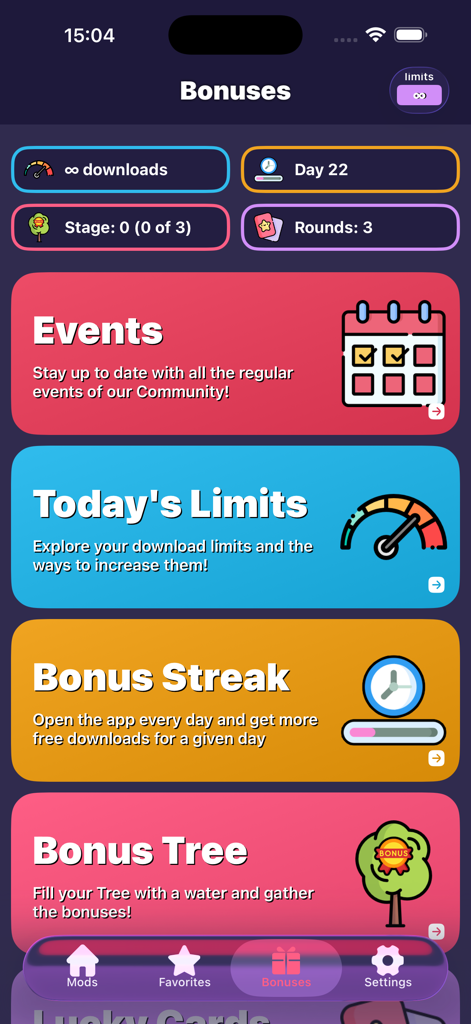 일일 스트릭 및 다운로드 한도를 보여주는 Ragdoll Mods Skibidi Titans 앱의 보너스 화면